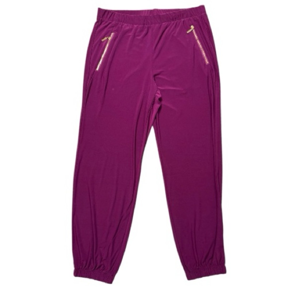 Nina Leonard Magenta Lightweight Joggers Gold Zip Pockets Elastic Cuffs L